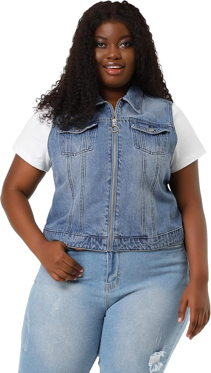 Agnes Orinda Plus Size Denim Vest for Women Sleeveless Zip Up Button Down Waistcoat Jeans Jackets Vests