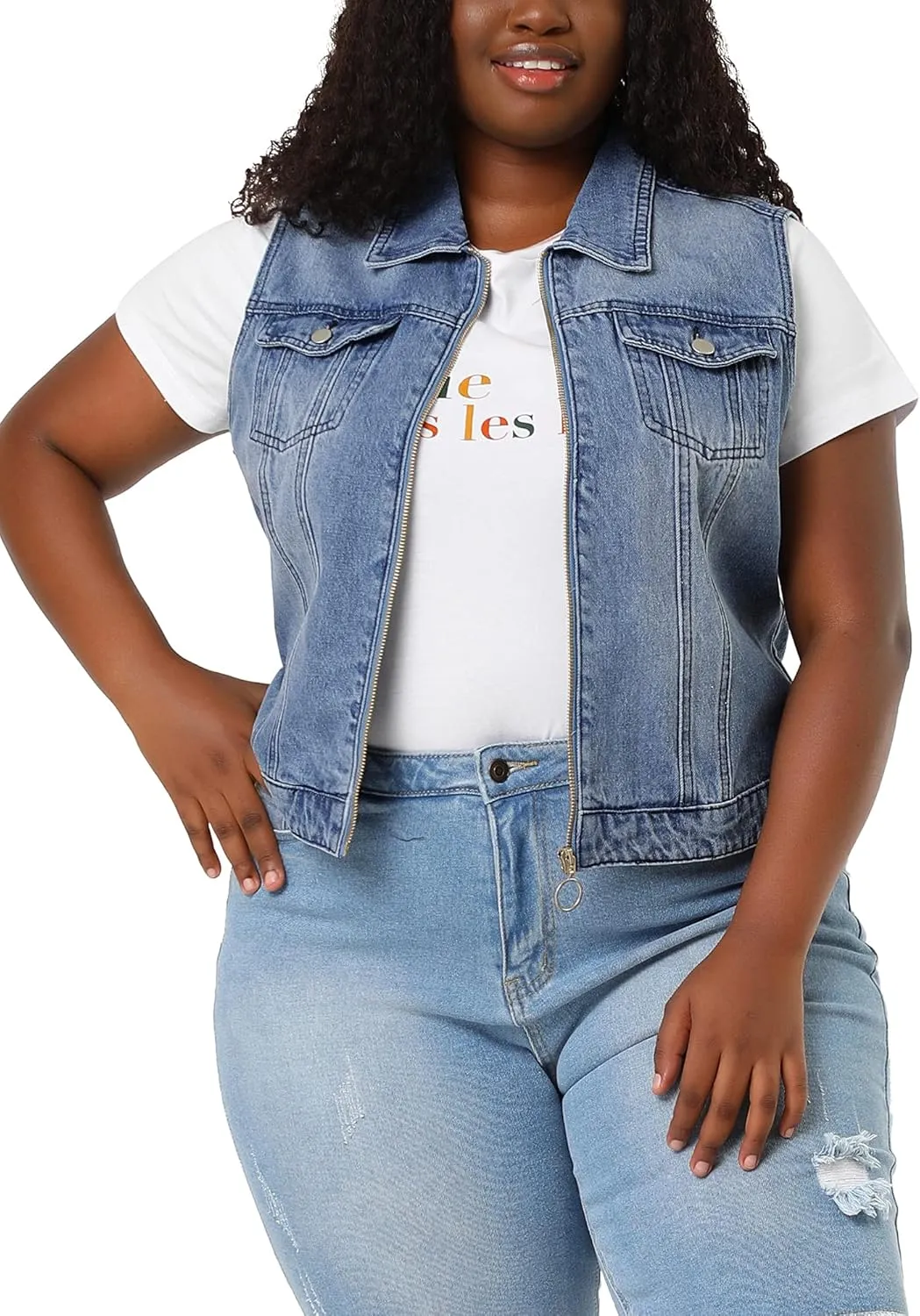 Agnes Orinda Plus Size Denim Vest for Women Sleeveless Zip Up Button Down Waistcoat Jeans Jackets Vests