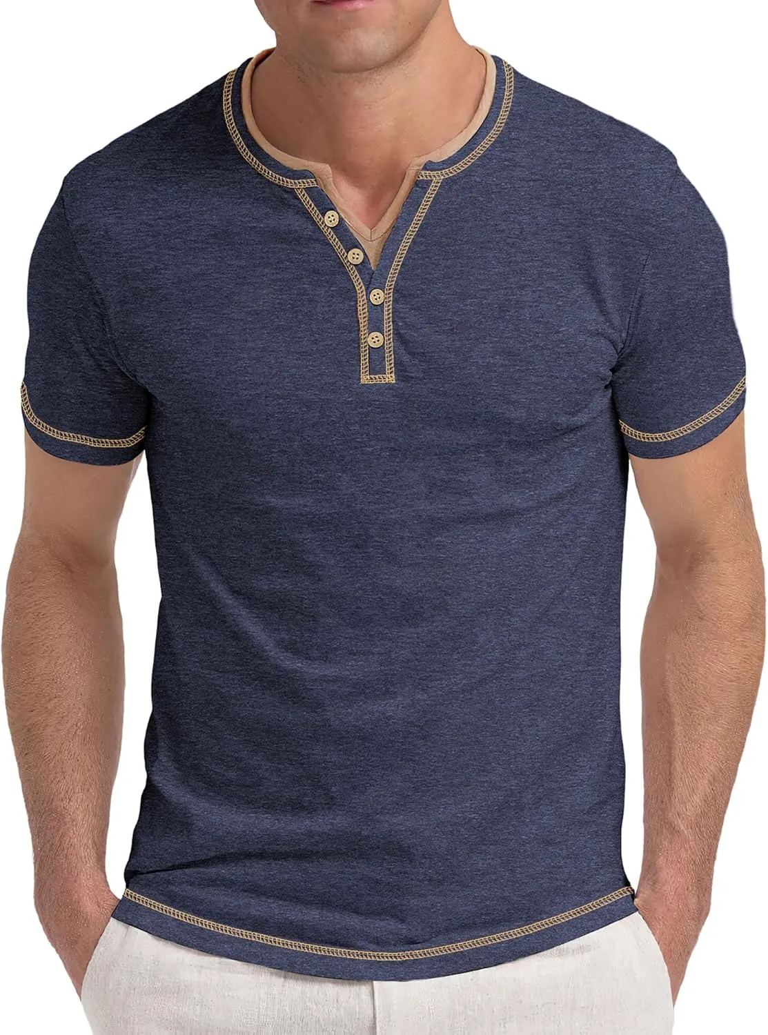 Aimeilgot Mens Henley Shirts Short Sleeve Casual T-Shirts Washed Slim Fit Front Placket Soft Button Tees