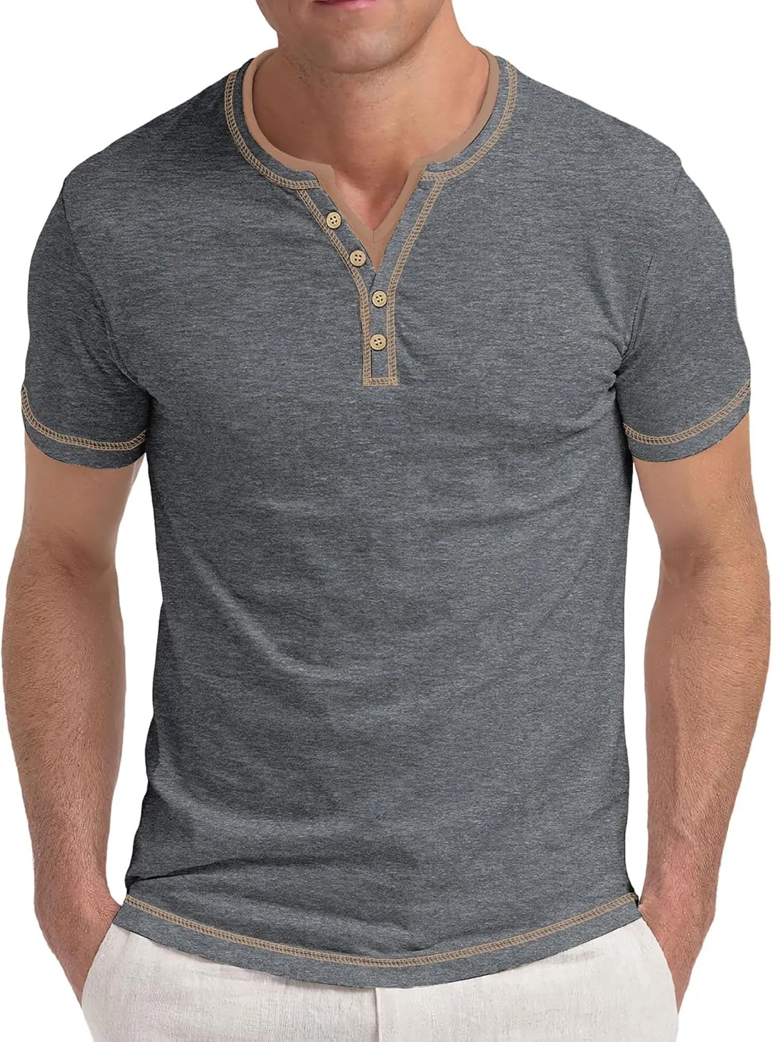 Aimeilgot Mens Henley Shirts Short Sleeve Casual T-Shirts Washed Slim Fit Front Placket Soft Button Tees