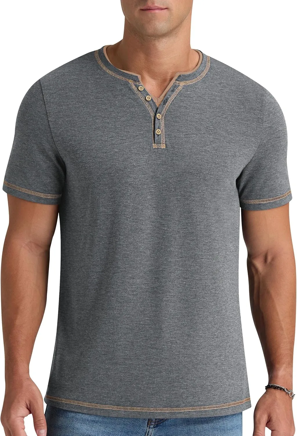 Aimeilgot Mens Henley Shirts Short Sleeve Casual T-Shirts Washed Slim Fit Front Placket Soft Button Tees