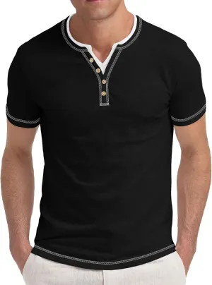 Aimeilgot Mens Henley Shirts Short Sleeve Casual T-Shirts Washed Slim Fit Front Placket Soft Button Tees