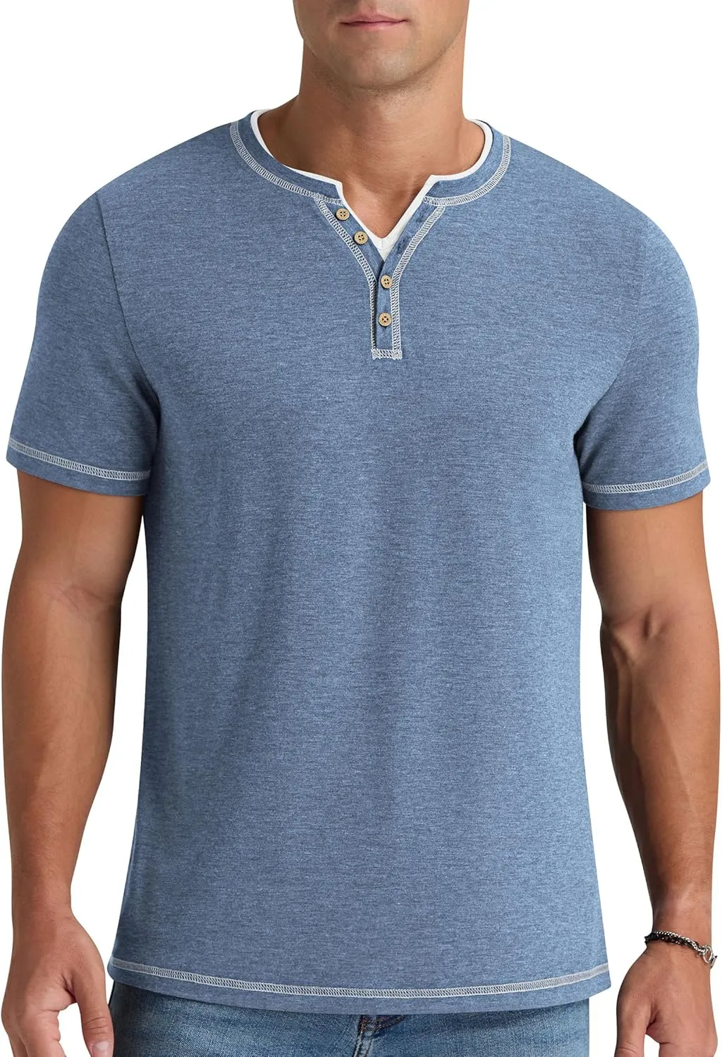 Aimeilgot Mens Henley Shirts Short Sleeve Casual T-Shirts Washed Slim Fit Front Placket Soft Button Tees