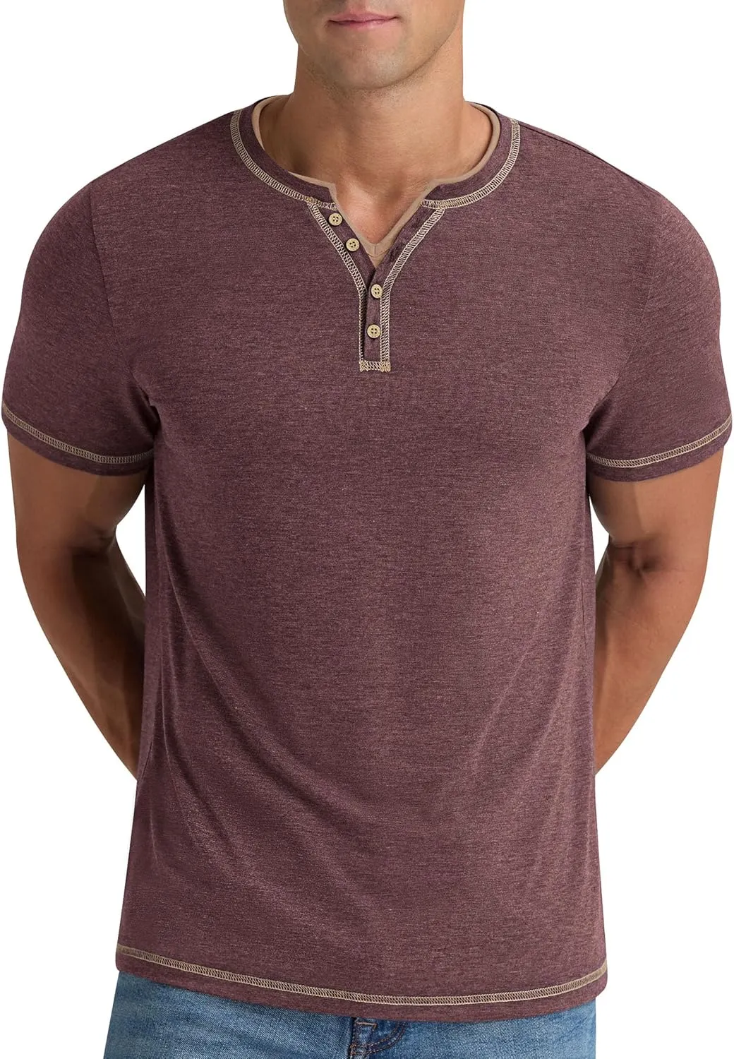 Aimeilgot Mens Henley Shirts Short Sleeve Casual T-Shirts Washed Slim Fit Front Placket Soft Button Tees