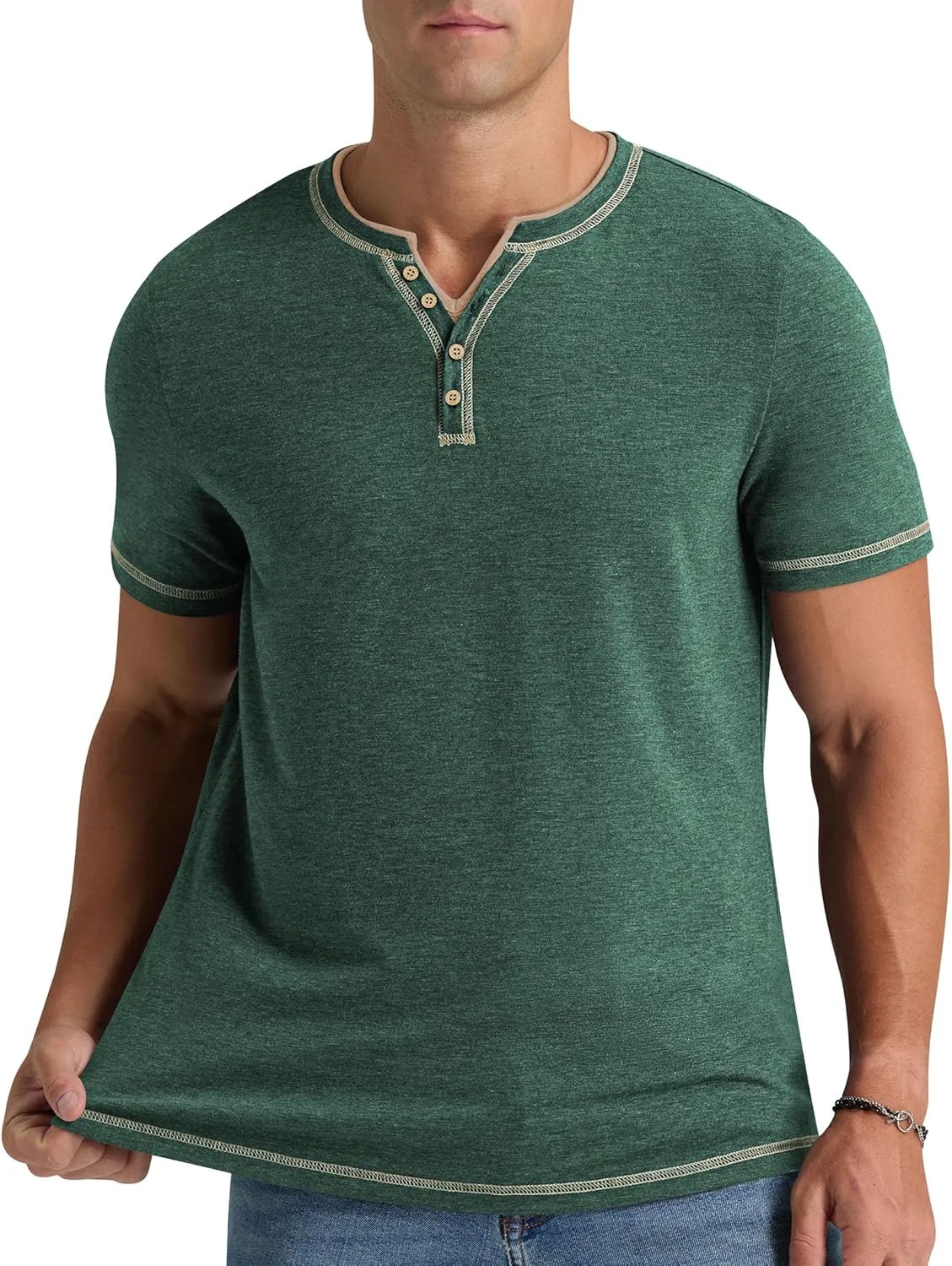Aimeilgot Mens Henley Shirts Short Sleeve Casual T-Shirts Washed Slim Fit Front Placket Soft Button Tees
