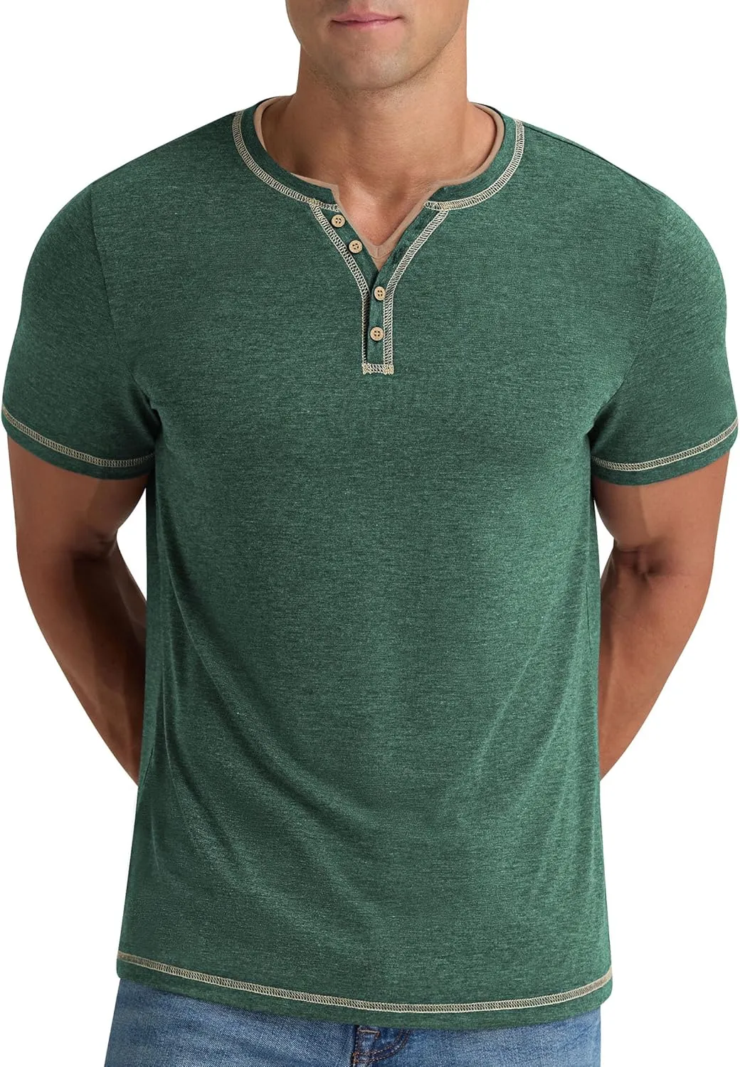 Aimeilgot Mens Henley Shirts Short Sleeve Casual T-Shirts Washed Slim Fit Front Placket Soft Button Tees