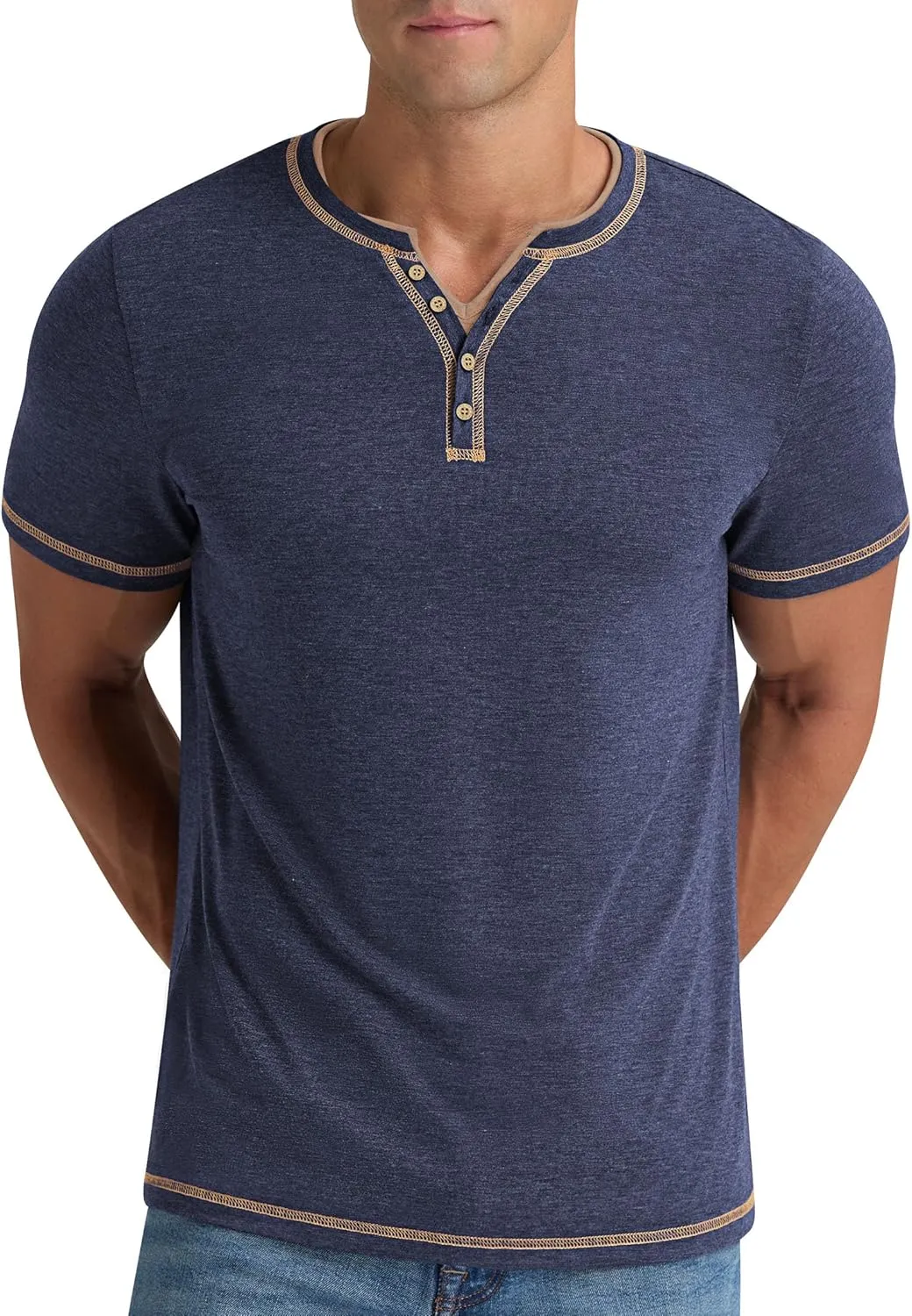 Aimeilgot Mens Henley Shirts Short Sleeve Casual T-Shirts Washed Slim Fit Front Placket Soft Button Tees