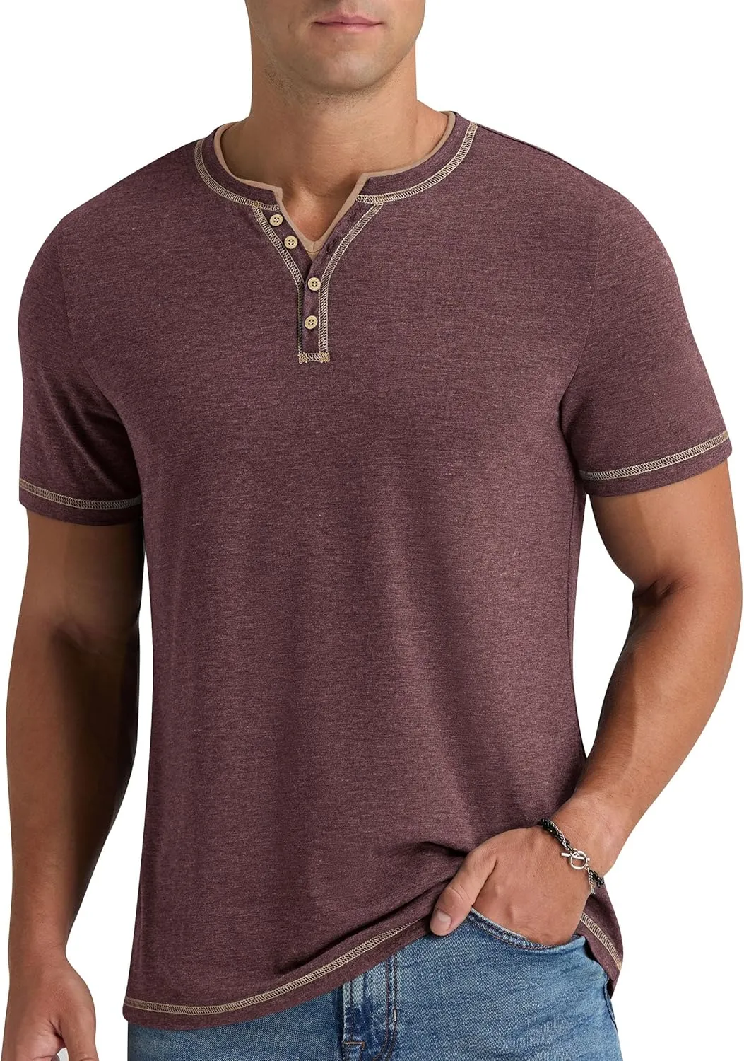 Aimeilgot Mens Henley Shirts Short Sleeve Casual T-Shirts Washed Slim Fit Front Placket Soft Button Tees