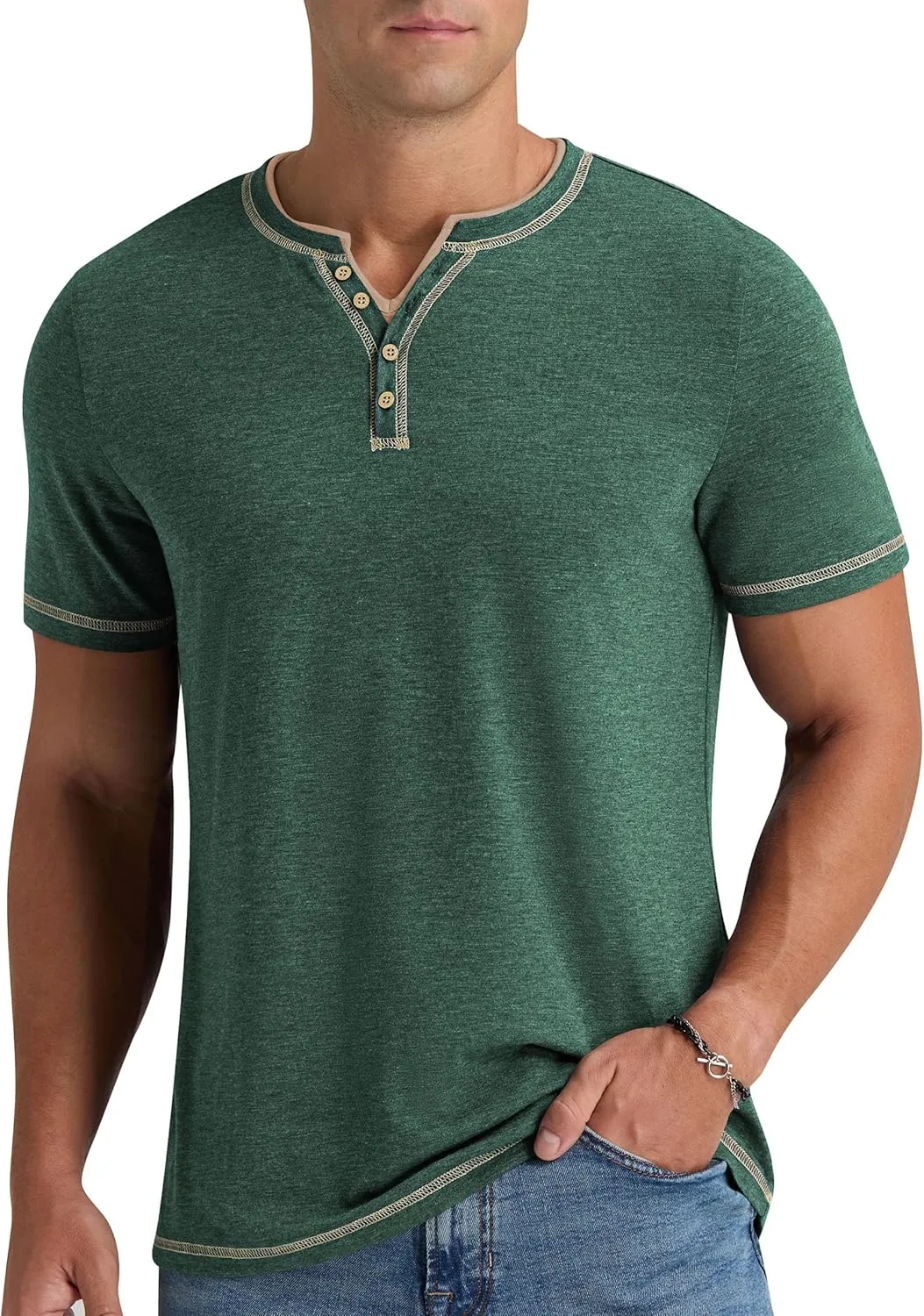 Aimeilgot Mens Henley Shirts Short Sleeve Casual T-Shirts Washed Slim Fit Front Placket Soft Button Tees