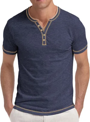 Aimeilgot Mens Henley Shirts Short Sleeve Casual T-Shirts Washed Slim Fit Front Placket Soft Button Tees