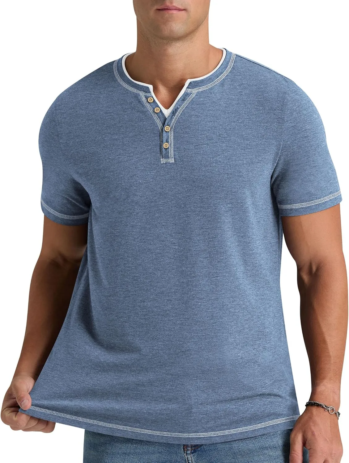 Aimeilgot Mens Henley Shirts Short Sleeve Casual T-Shirts Washed Slim Fit Front Placket Soft Button Tees