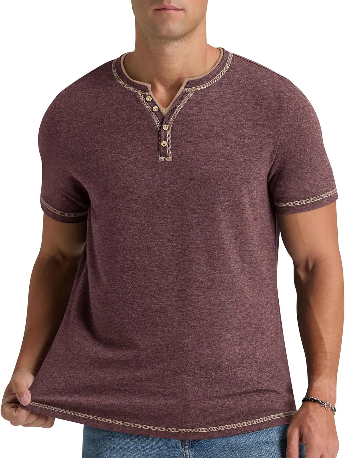 Aimeilgot Mens Henley Shirts Short Sleeve Casual T-Shirts Washed Slim Fit Front Placket Soft Button Tees