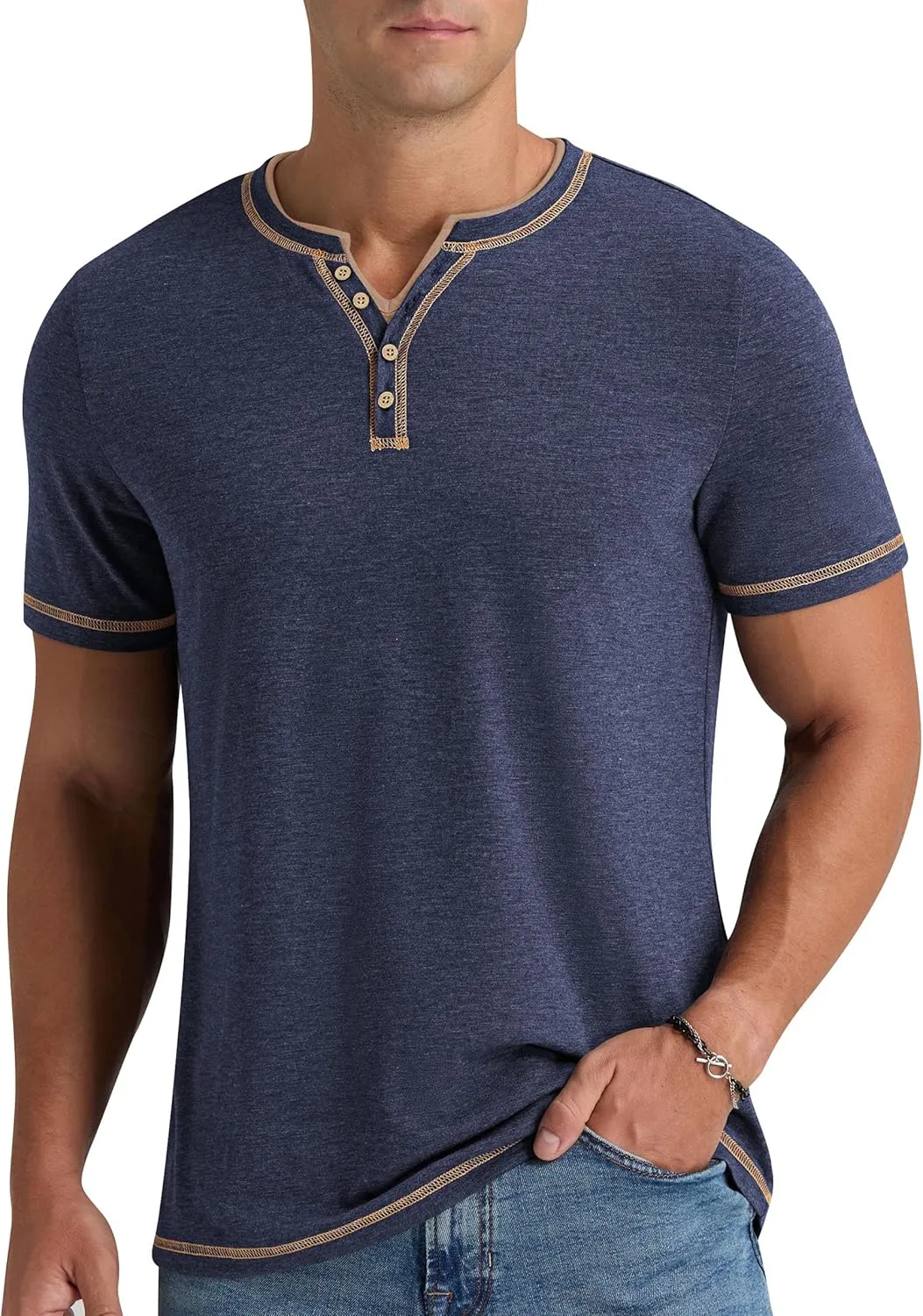 Aimeilgot Mens Henley Shirts Short Sleeve Casual T-Shirts Washed Slim Fit Front Placket Soft Button Tees