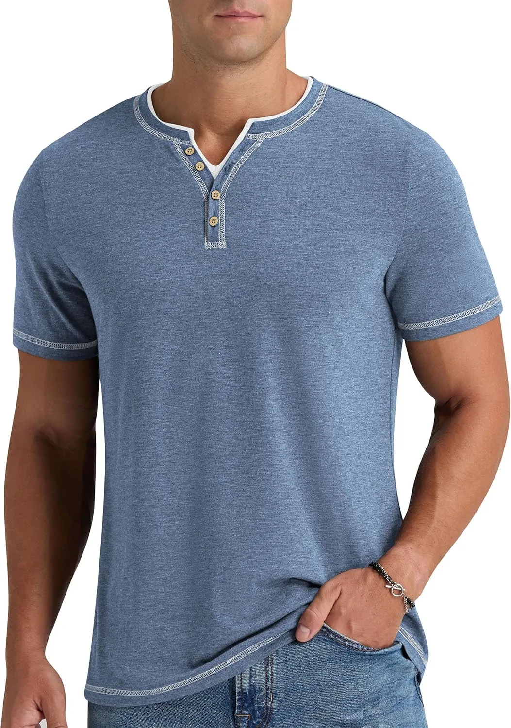 Aimeilgot Mens Henley Shirts Short Sleeve Casual T-Shirts Washed Slim Fit Front Placket Soft Button Tees