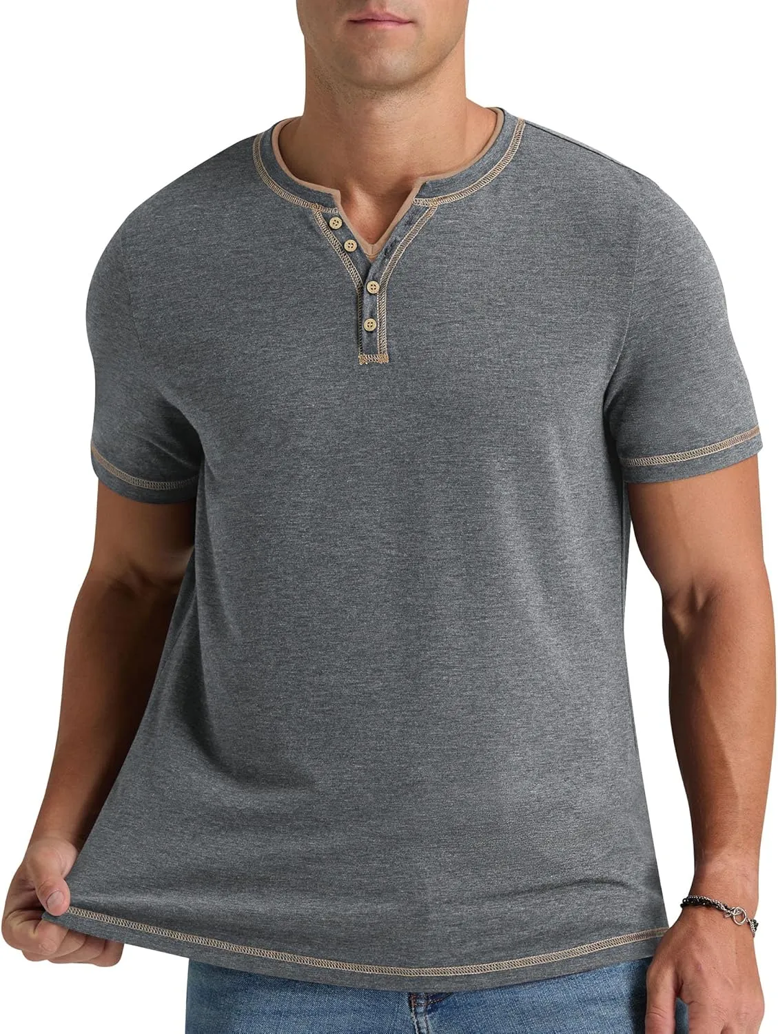 Aimeilgot Mens Henley Shirts Short Sleeve Casual T-Shirts Washed Slim Fit Front Placket Soft Button Tees