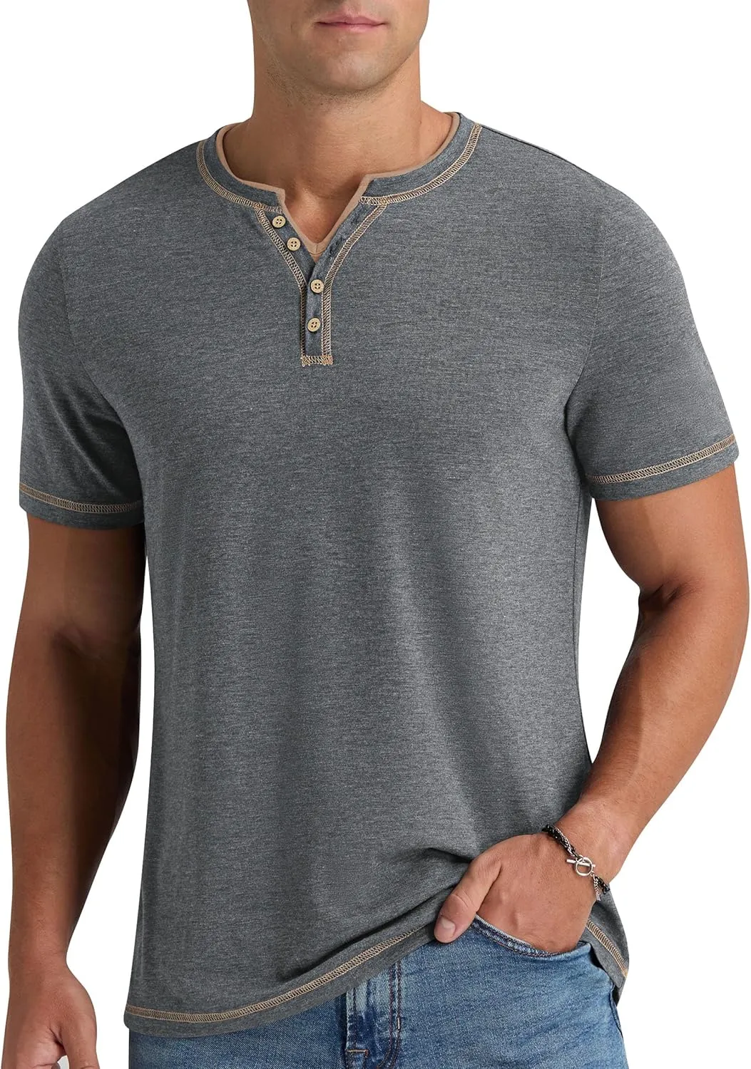 Aimeilgot Mens Henley Shirts Short Sleeve Casual T-Shirts Washed Slim Fit Front Placket Soft Button Tees