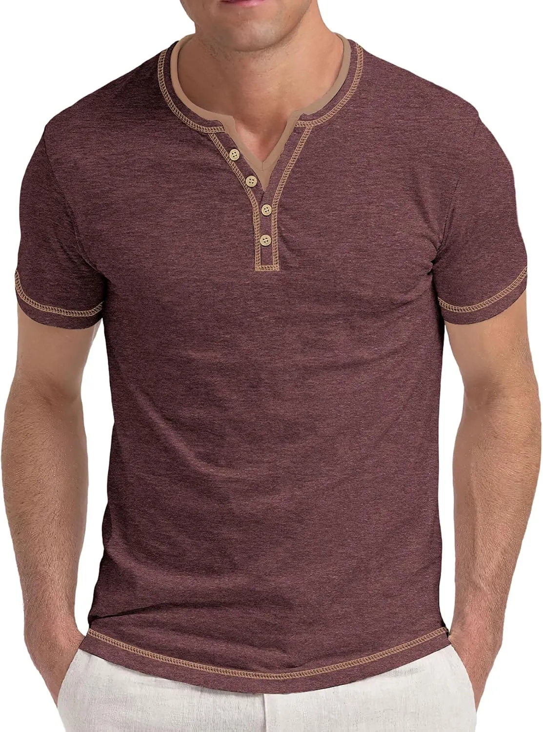 Aimeilgot Mens Henley Shirts Short Sleeve Casual T-Shirts Washed Slim Fit Front Placket Soft Button Tees