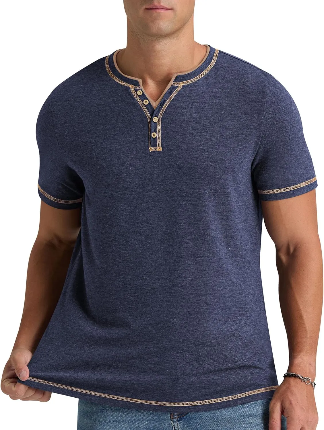Aimeilgot Mens Henley Shirts Short Sleeve Casual T-Shirts Washed Slim Fit Front Placket Soft Button Tees