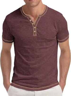 Aimeilgot Mens Henley Shirts Short Sleeve Casual T-Shirts Washed Slim Fit Front Placket Soft Button Tees