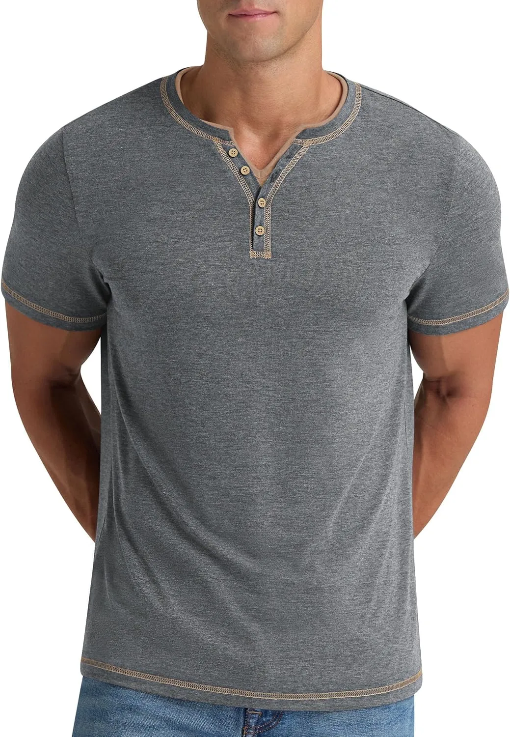 Aimeilgot Mens Henley Shirts Short Sleeve Casual T-Shirts Washed Slim Fit Front Placket Soft Button Tees