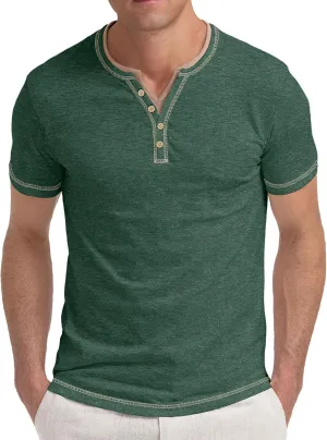 Aimeilgot Mens Henley Shirts Short Sleeve Casual T-Shirts Washed Slim Fit Front Placket Soft Button Tees