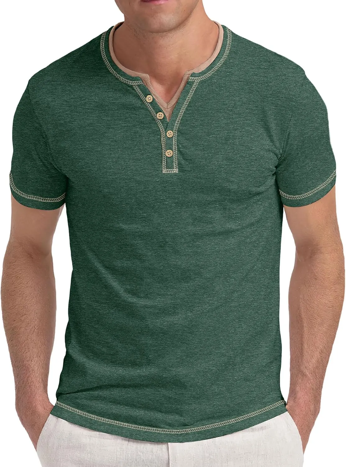 Aimeilgot Mens Henley Shirts Short Sleeve Casual T-Shirts Washed Slim Fit Front Placket Soft Button Tees