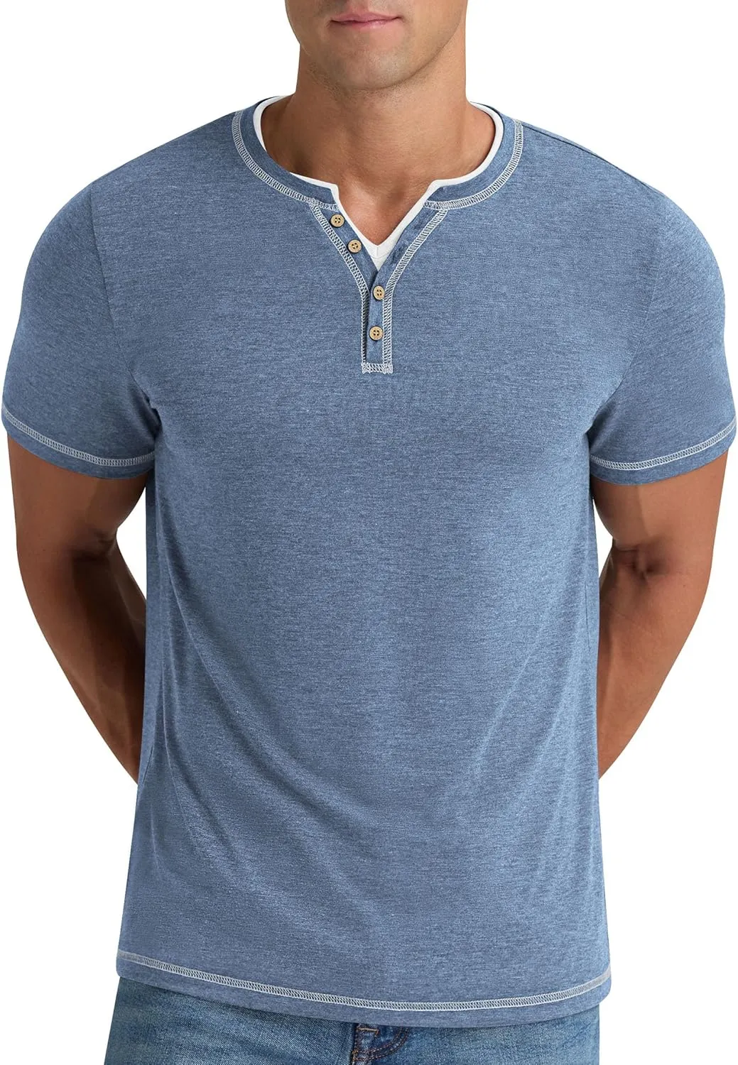 Aimeilgot Mens Henley Shirts Short Sleeve Casual T-Shirts Washed Slim Fit Front Placket Soft Button Tees