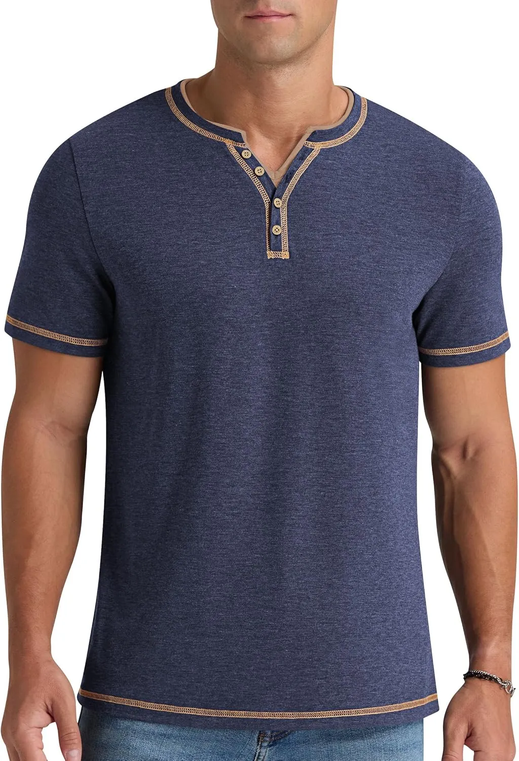 Aimeilgot Mens Henley Shirts Short Sleeve Casual T-Shirts Washed Slim Fit Front Placket Soft Button Tees