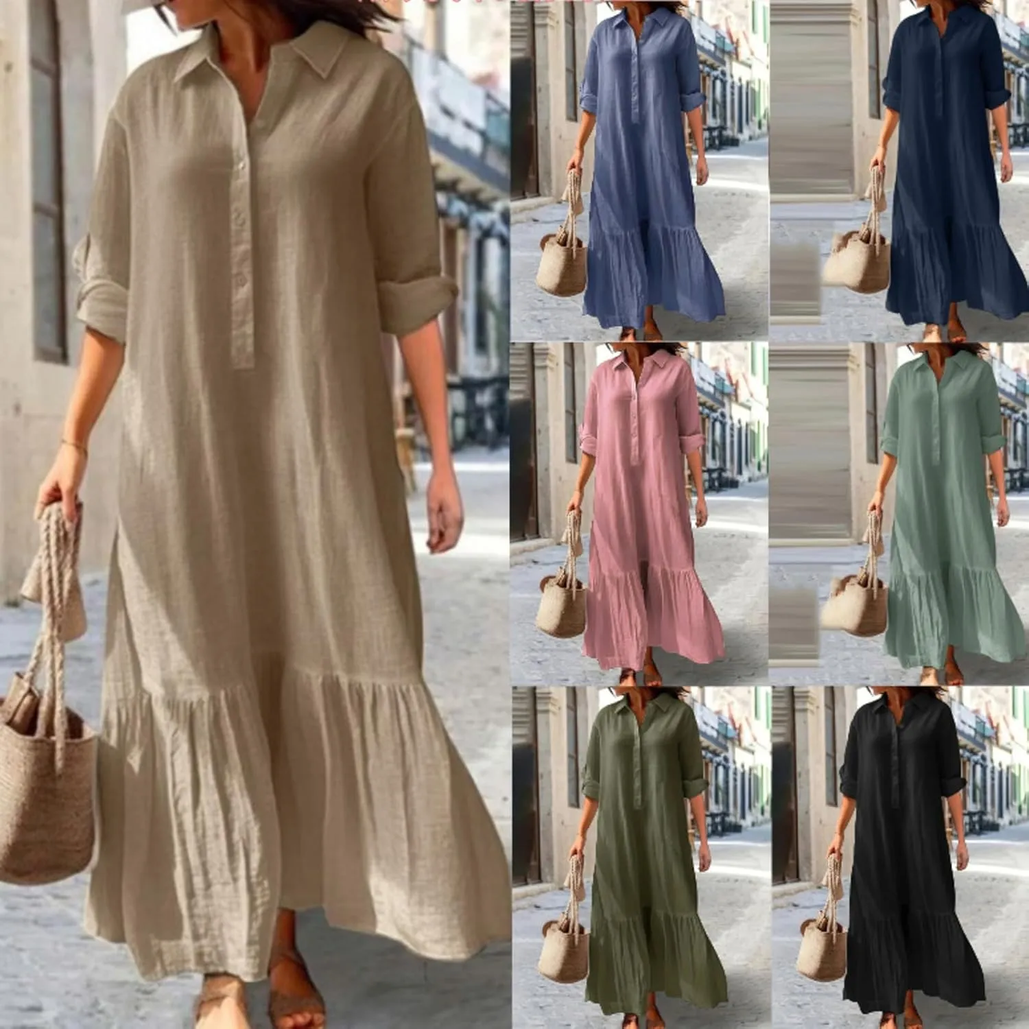 Akivide Women's Cotton Linen Dress Casual Button Down Long Sleeve Flowy Plus Size Lapel Collared Maxi Dresses Shirt Dress