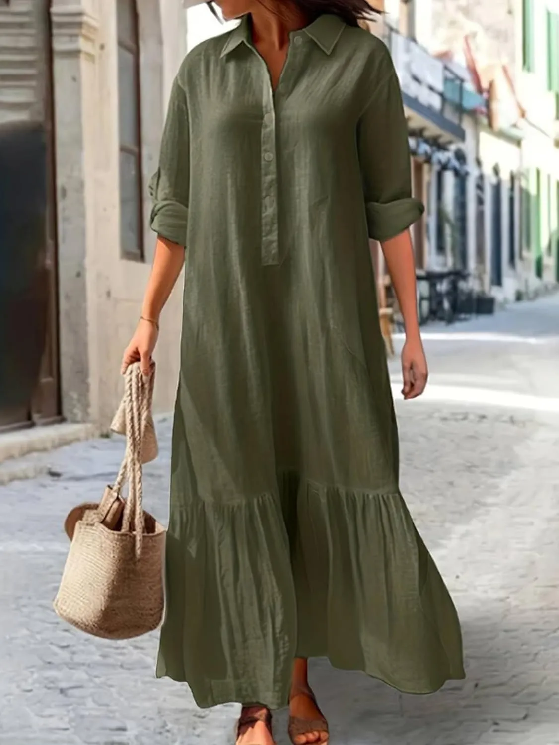 Akivide Women's Cotton Linen Dress Casual Button Down Long Sleeve Flowy Plus Size Lapel Collared Maxi Dresses Shirt Dress