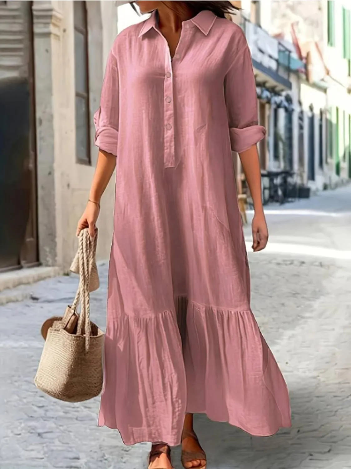 Akivide Women's Cotton Linen Dress Casual Button Down Long Sleeve Flowy Plus Size Lapel Collared Maxi Dresses Shirt Dress