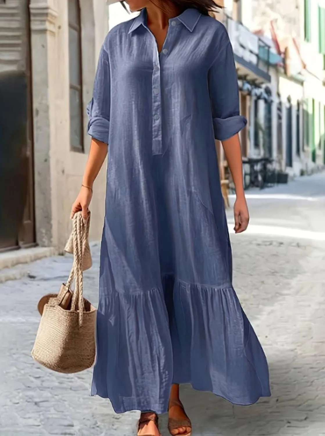 Akivide Women's Cotton Linen Dress Casual Button Down Long Sleeve Flowy Plus Size Lapel Collared Maxi Dresses Shirt Dress