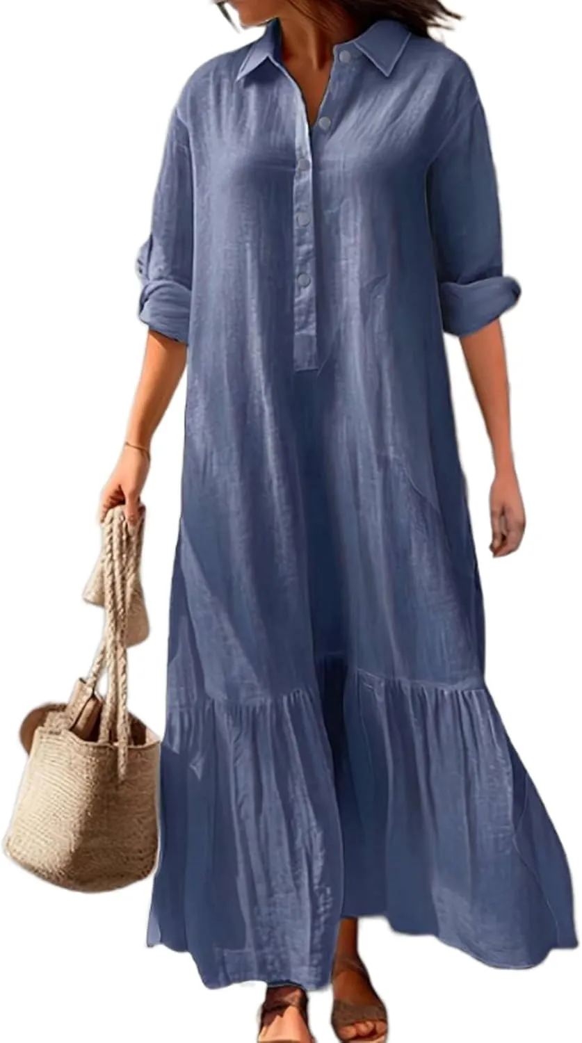 Akivide Women's Cotton Linen Dress Casual Button Down Long Sleeve Flowy Plus Size Lapel Collared Maxi Dresses Shirt Dress