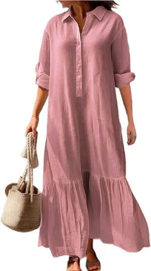 Akivide Women's Cotton Linen Dress Casual Button Down Long Sleeve Flowy Plus Size Lapel Collared Maxi Dresses Shirt Dress