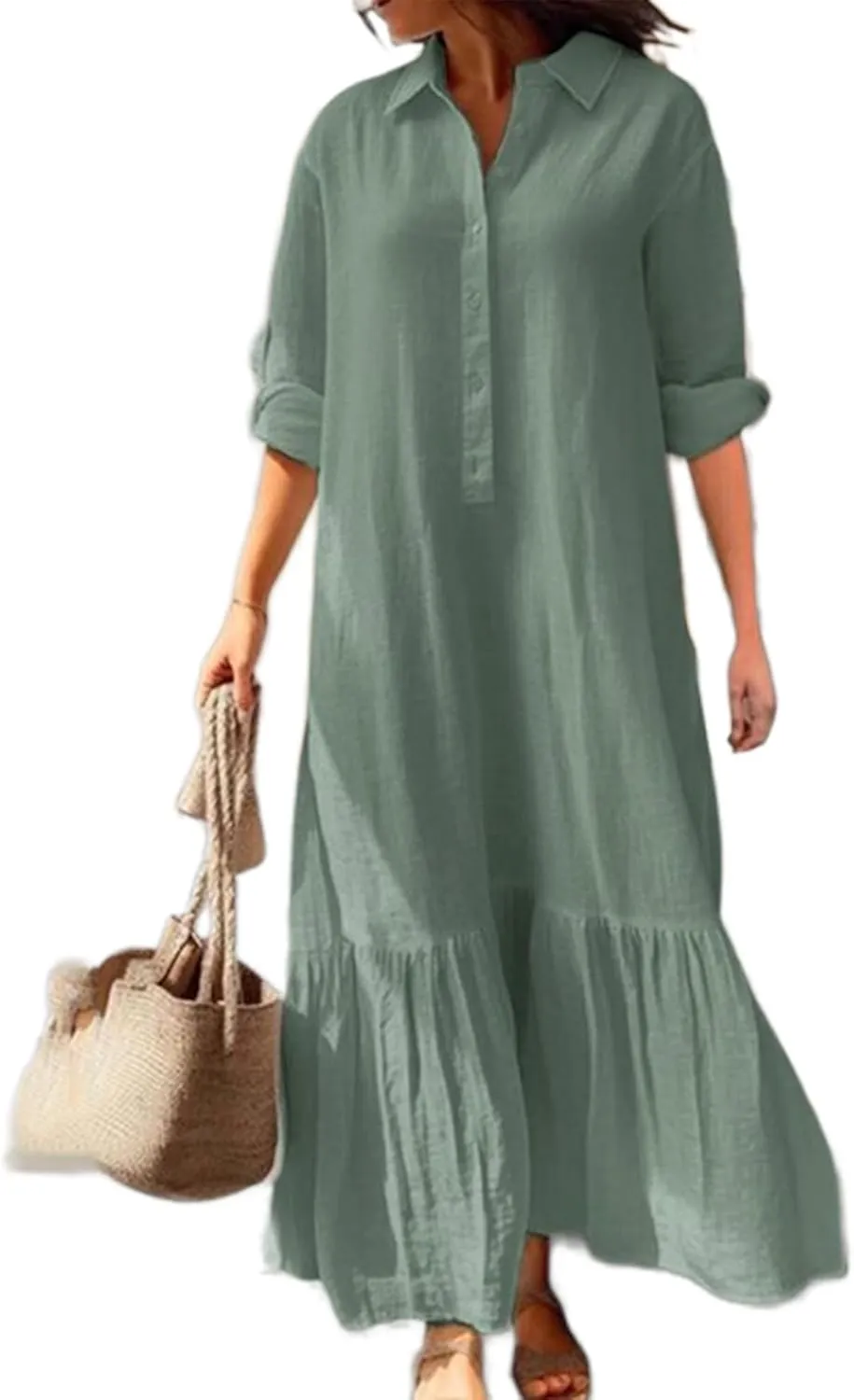 Akivide Women's Cotton Linen Dress Casual Button Down Long Sleeve Flowy Plus Size Lapel Collared Maxi Dresses Shirt Dress