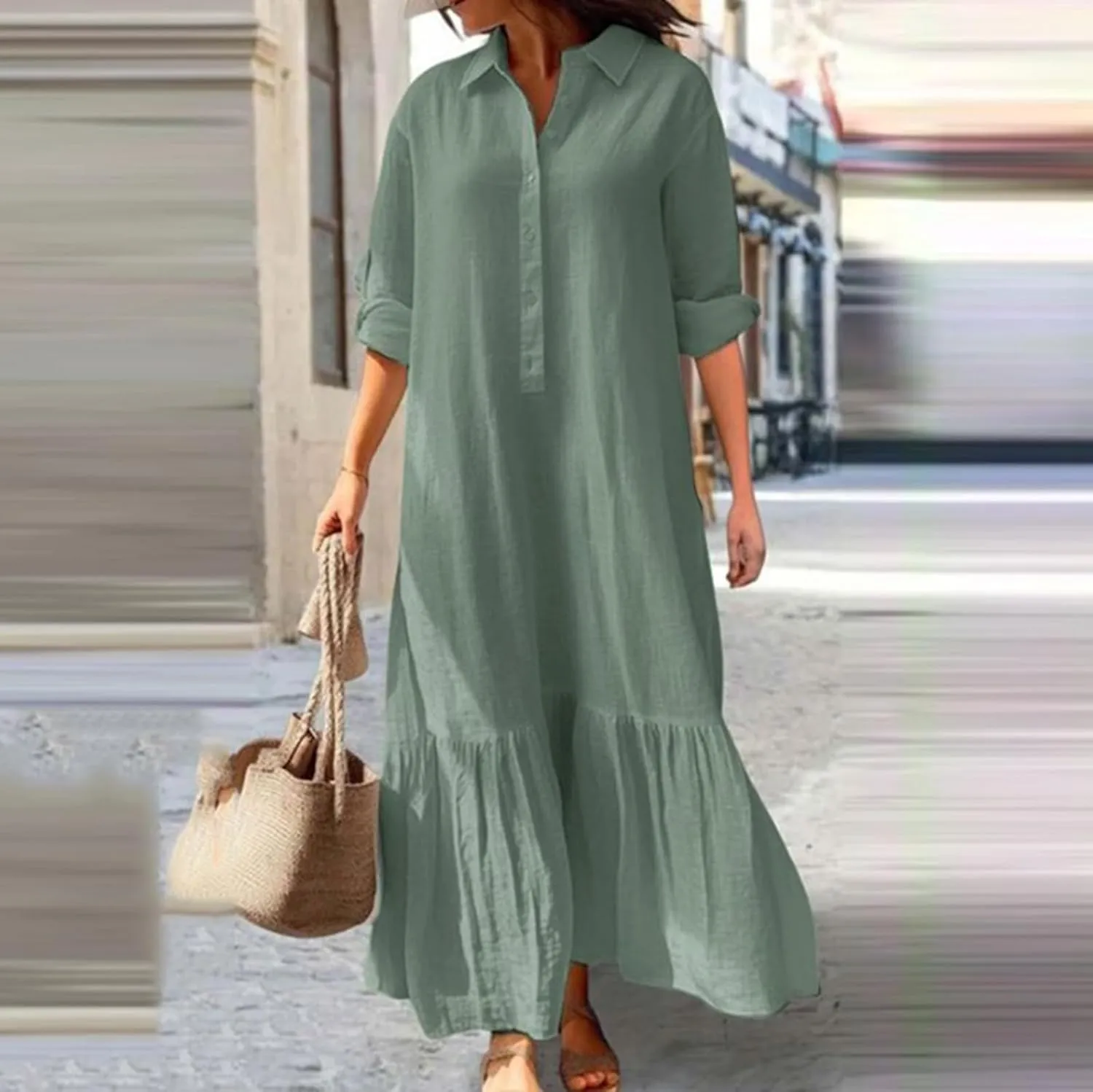 Akivide Women's Cotton Linen Dress Casual Button Down Long Sleeve Flowy Plus Size Lapel Collared Maxi Dresses Shirt Dress