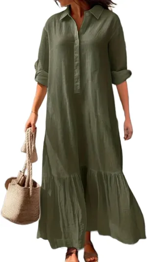 Akivide Women's Cotton Linen Dress Casual Button Down Long Sleeve Flowy Plus Size Lapel Collared Maxi Dresses Shirt Dress