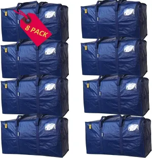 AlexHome Heavy Duty Storage Bag, 8 Pack, Extra Large, Blue, 100% New PE, Foldable, Waterproof, Zipper Closure, Moving, Storage, Traveling, Camping