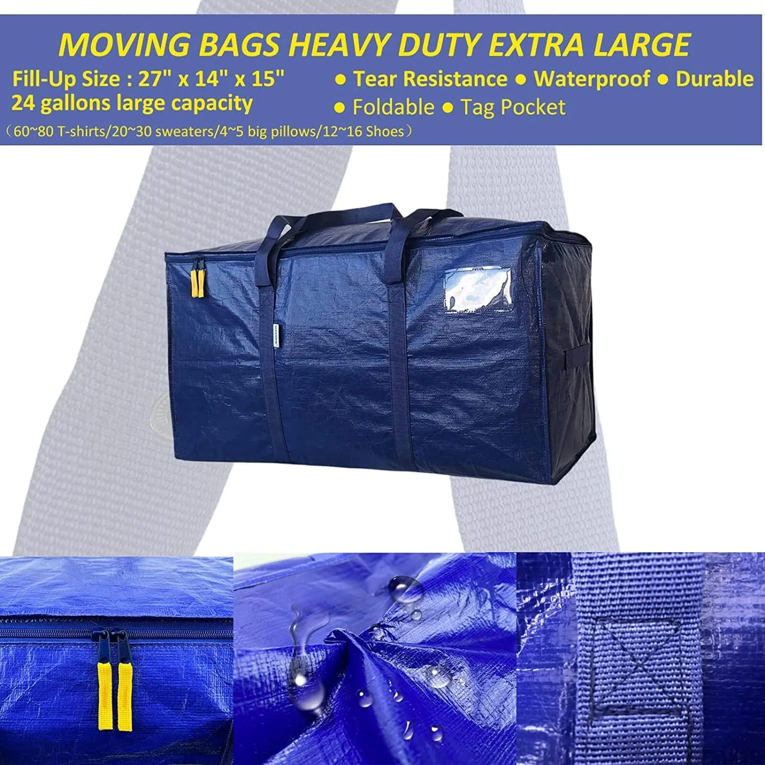 AlexHome Heavy Duty Storage Bag, 8 Pack, Extra Large, Blue, 100% New PE, Foldable, Waterproof, Zipper Closure, Moving, Storage, Traveling, Camping