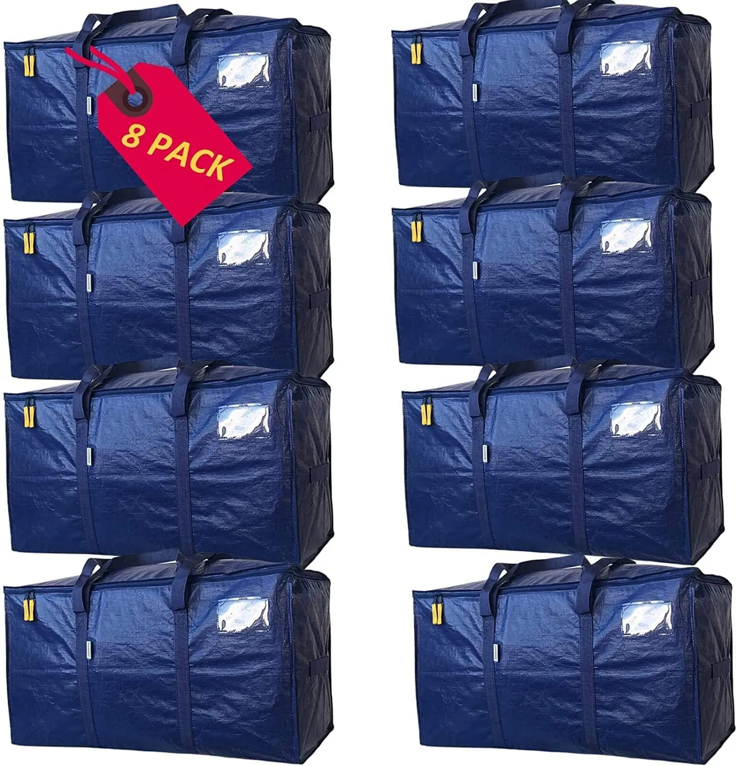 AlexHome Heavy Duty Storage Bag, 8 Pack, Extra Large, Blue, 100% New PE, Foldable, Waterproof, Zipper Closure, Moving, Storage, Traveling, Camping