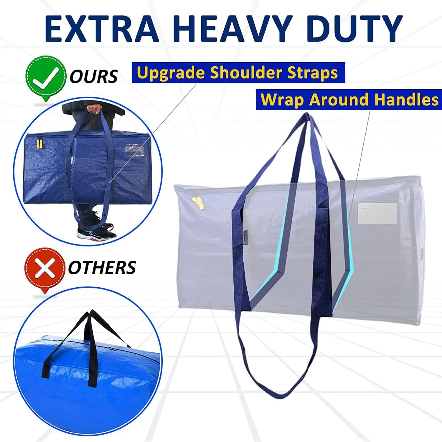 AlexHome Heavy Duty Storage Bag, 8 Pack, Extra Large, Blue, 100% New PE, Foldable, Waterproof, Zipper Closure, Moving, Storage, Traveling, Camping