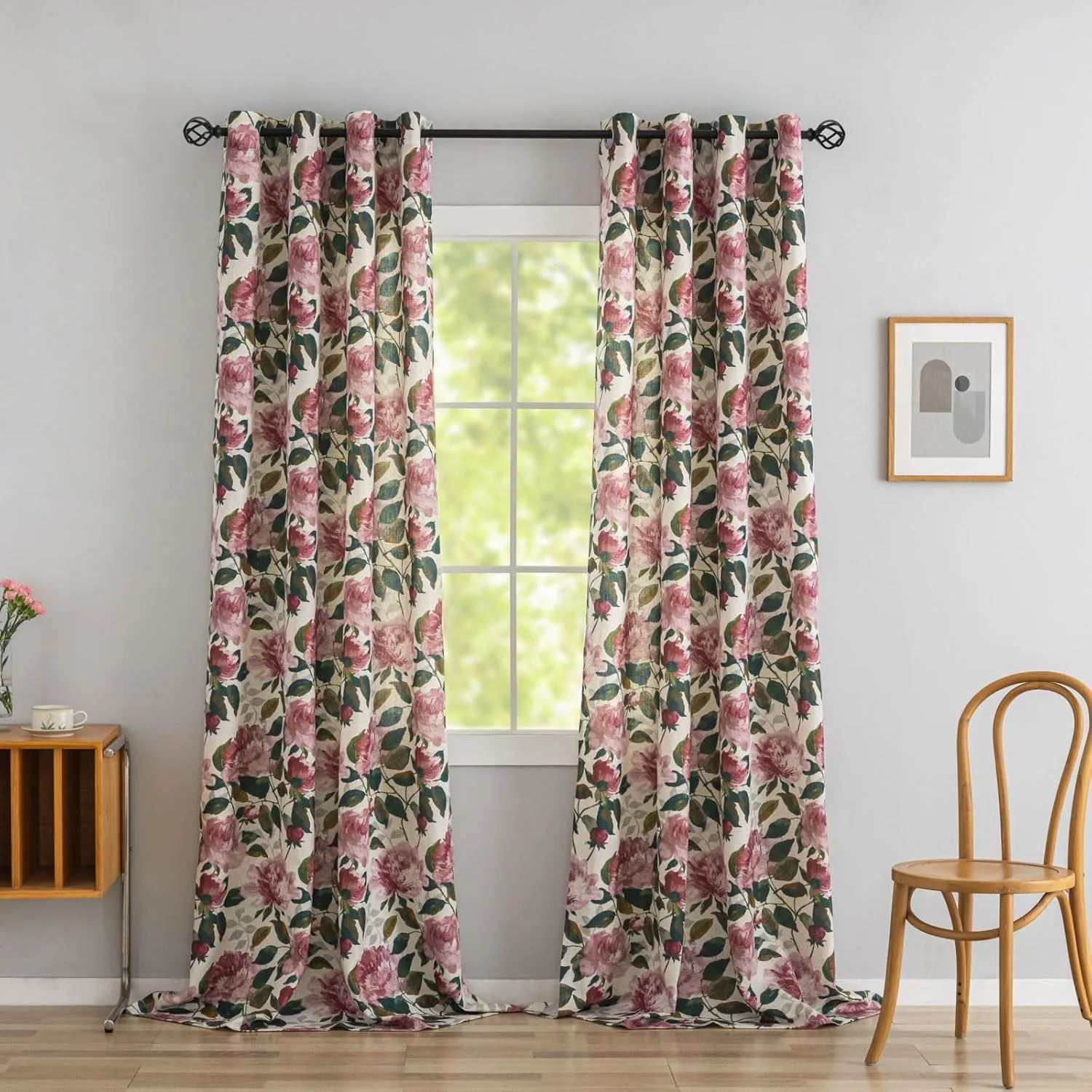 ALIGOGO Pink Vintage Floral Curtains for Living Room 84 Inch Length French Country Peony Linen Patterned Curtains Farmhouse Botanical Drapes Semi Blackout Window Curtain Panels Pair W50 x L84