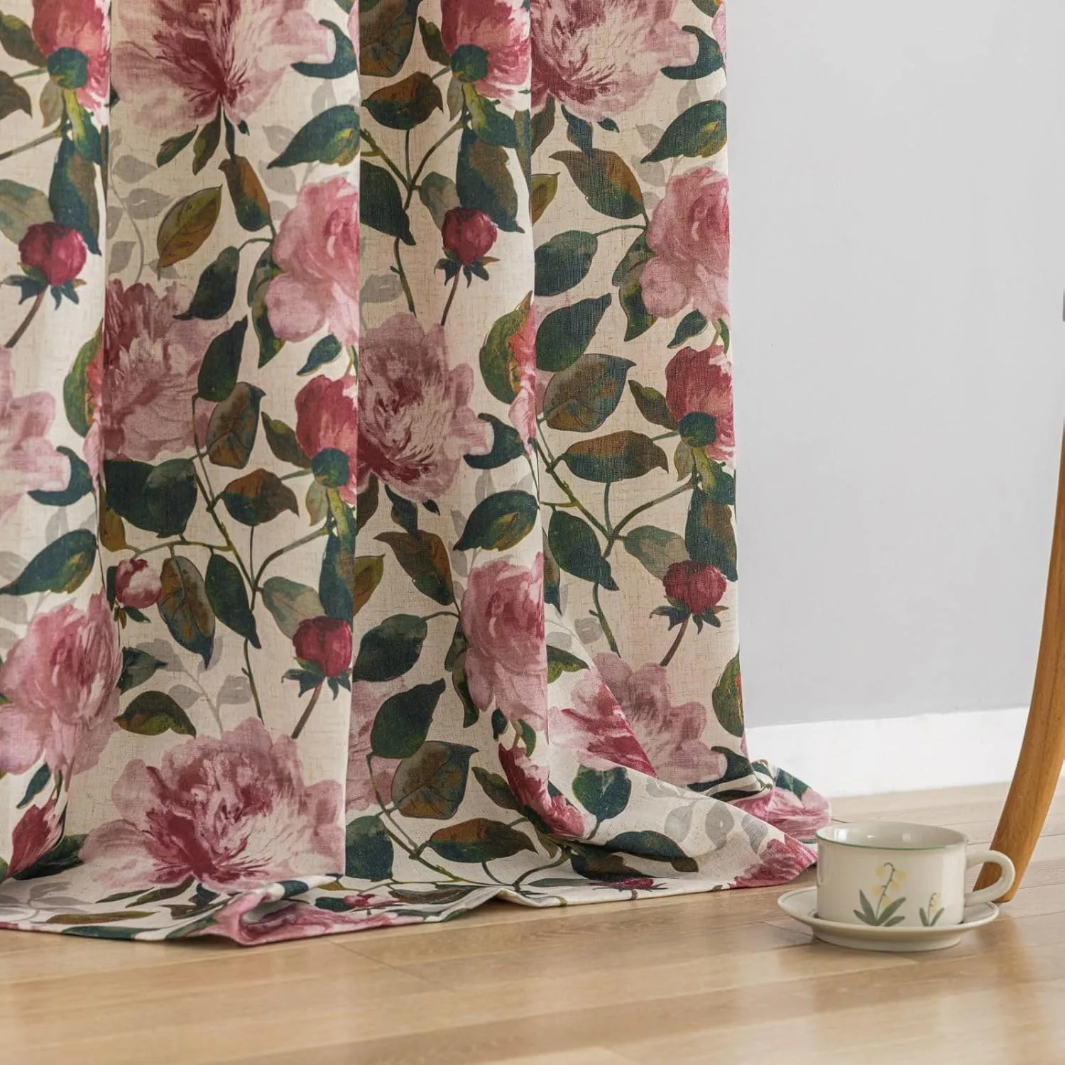 ALIGOGO Pink Vintage Floral Curtains for Living Room 84 Inch Length French Country Peony Linen Patterned Curtains Farmhouse Botanical Drapes Semi Blackout Window Curtain Panels Pair W50 x L84