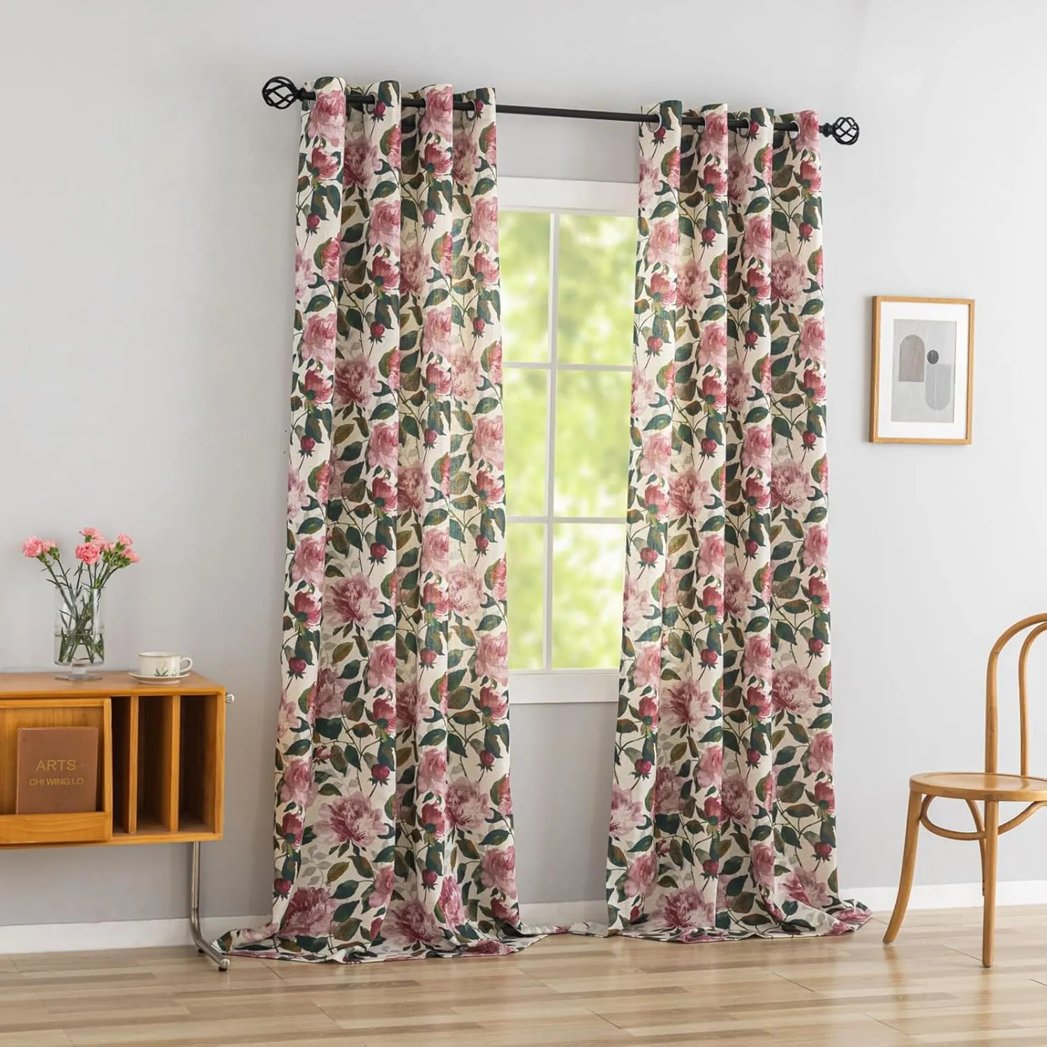 ALIGOGO Pink Vintage Floral Curtains for Living Room 84 Inch Length French Country Peony Linen Patterned Curtains Farmhouse Botanical Drapes Semi Blackout Window Curtain Panels Pair W50 x L84