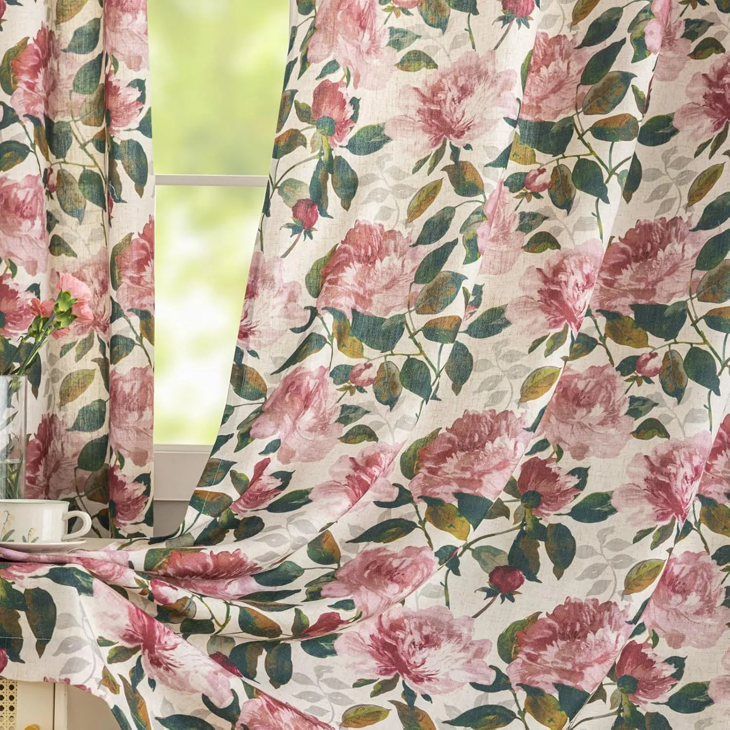 ALIGOGO Pink Vintage Floral Curtains for Living Room 84 Inch Length French Country Peony Linen Patterned Curtains Farmhouse Botanical Drapes Semi Blackout Window Curtain Panels Pair W50 x L84