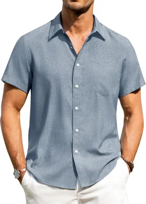 Alimens & Gentle Mens Linen Shirts Short Sleeve Button Down Shirts Wrinkle Free Casual Vacation Beach Summer Tops
