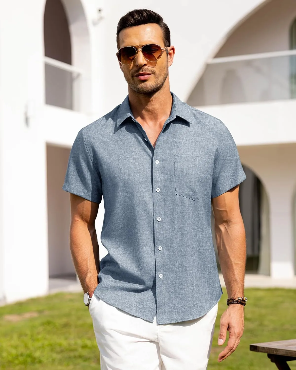 Alimens & Gentle Mens Linen Shirts Short Sleeve Button Down Shirts Wrinkle Free Casual Vacation Beach Summer Tops