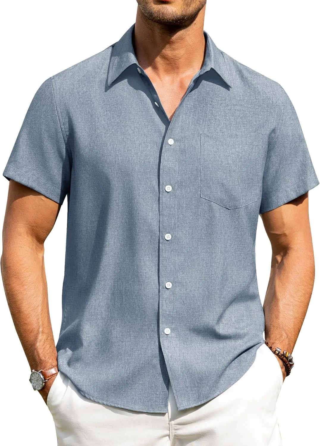 Alimens & Gentle Mens Linen Shirts Short Sleeve Button Down Shirts Wrinkle Free Casual Vacation Beach Summer Tops