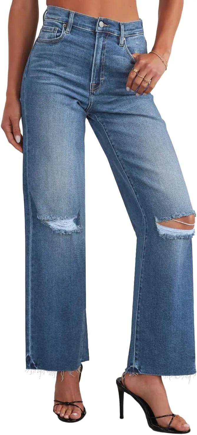 Allimy Women's High Waisted Straight Ankle Wide Leg Ripped Jeans Frayed Hem Stretchy Capri Denim Pants
