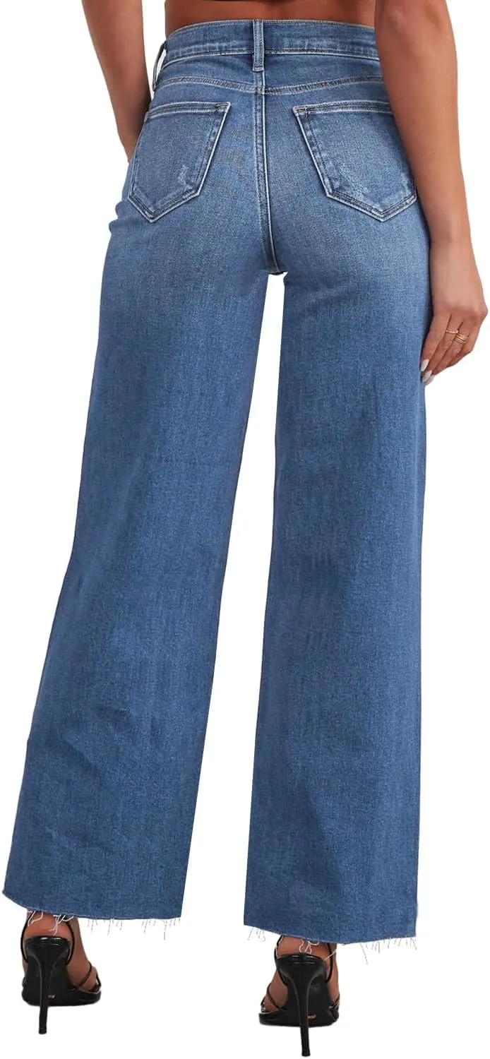 Allimy Women's High Waisted Straight Ankle Wide Leg Ripped Jeans Frayed Hem Stretchy Capri Denim Pants